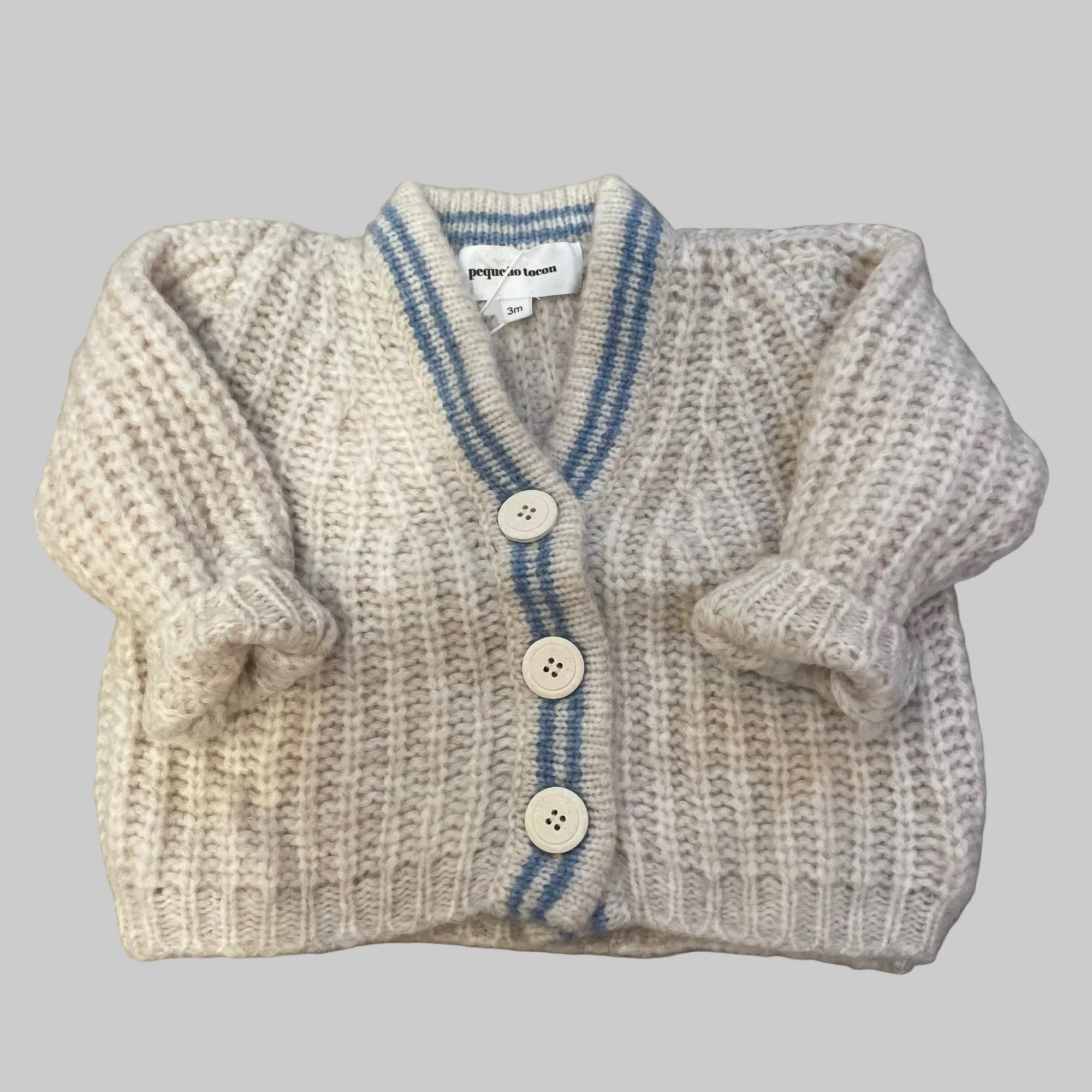 Pequeno tocon - 2078 - soft wool cardigan - ecru/blue stripe