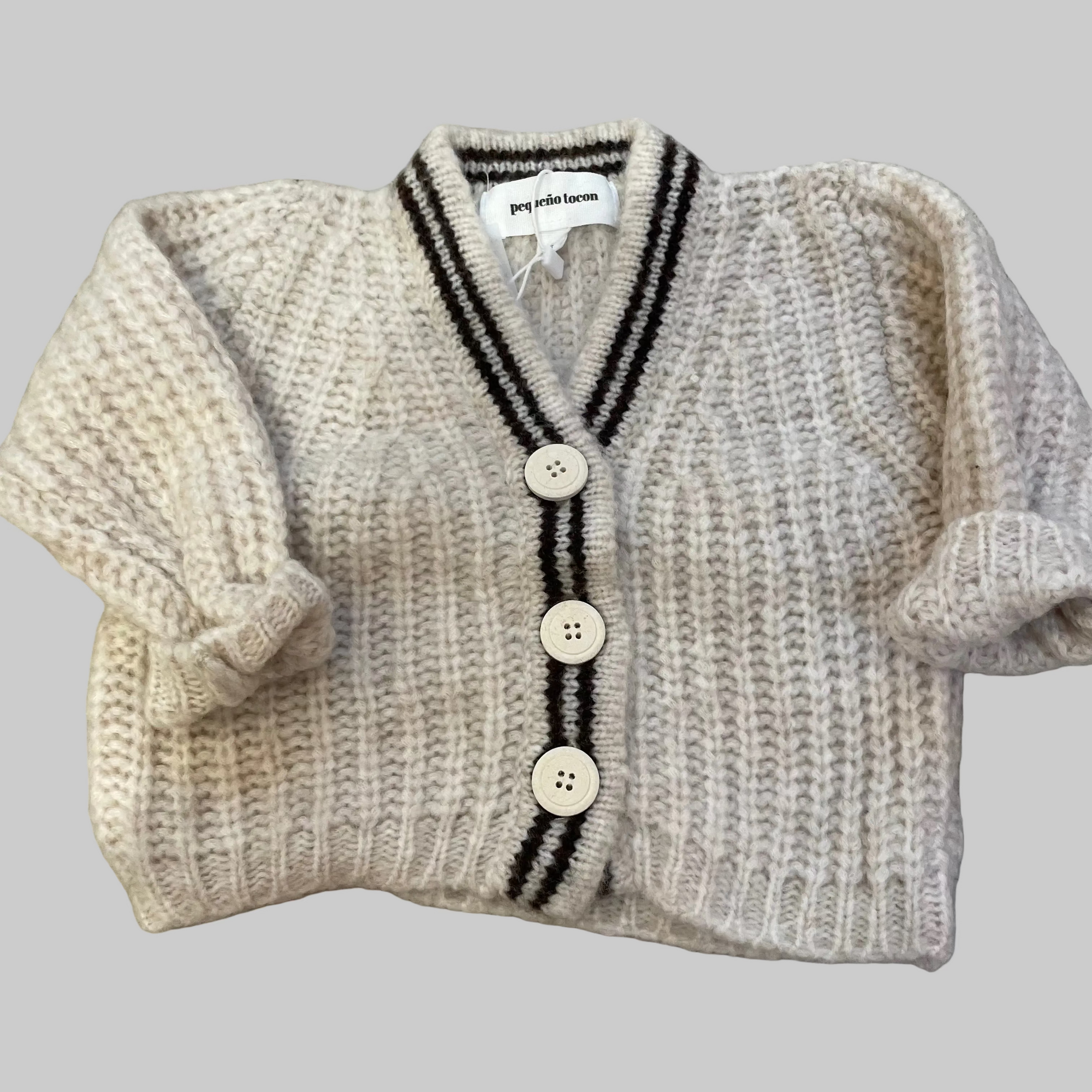 Pequeno tocon - 2078 - soft wool cardigan - ecru/brown stripe