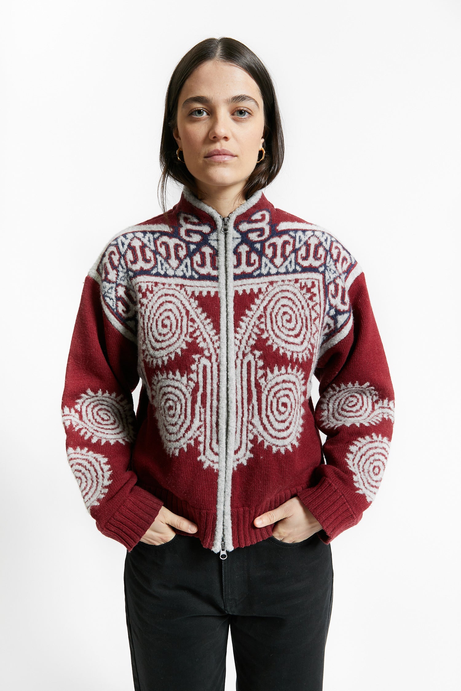 Indee - wakeboard - embroidered cardigan with zipper - merlot red