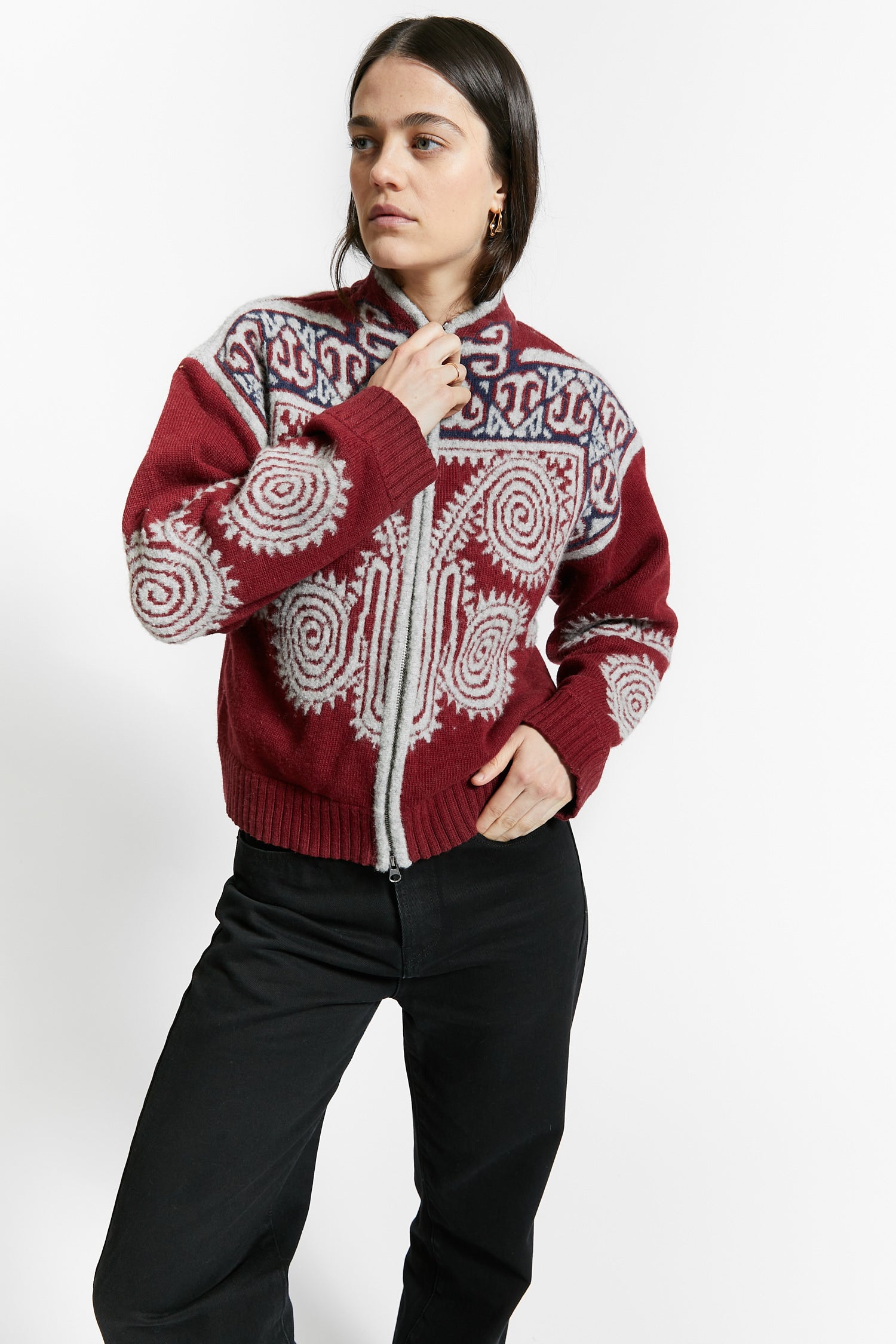 Indee - wakeboard - embroidered cardigan with zipper - merlot red