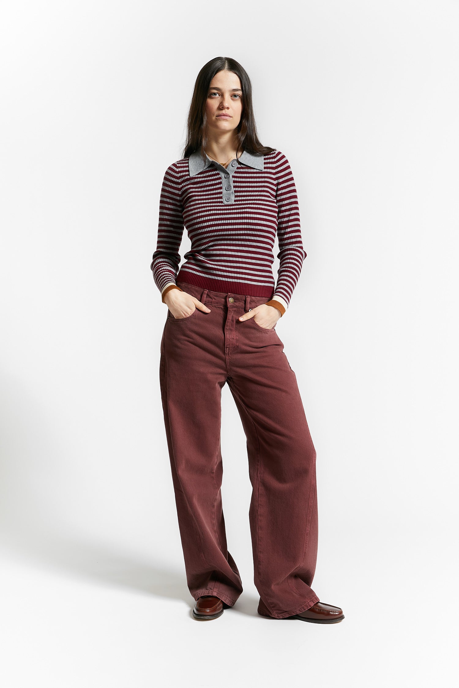 Indee - wallaby - fitted stripe polo pullover - merlot red