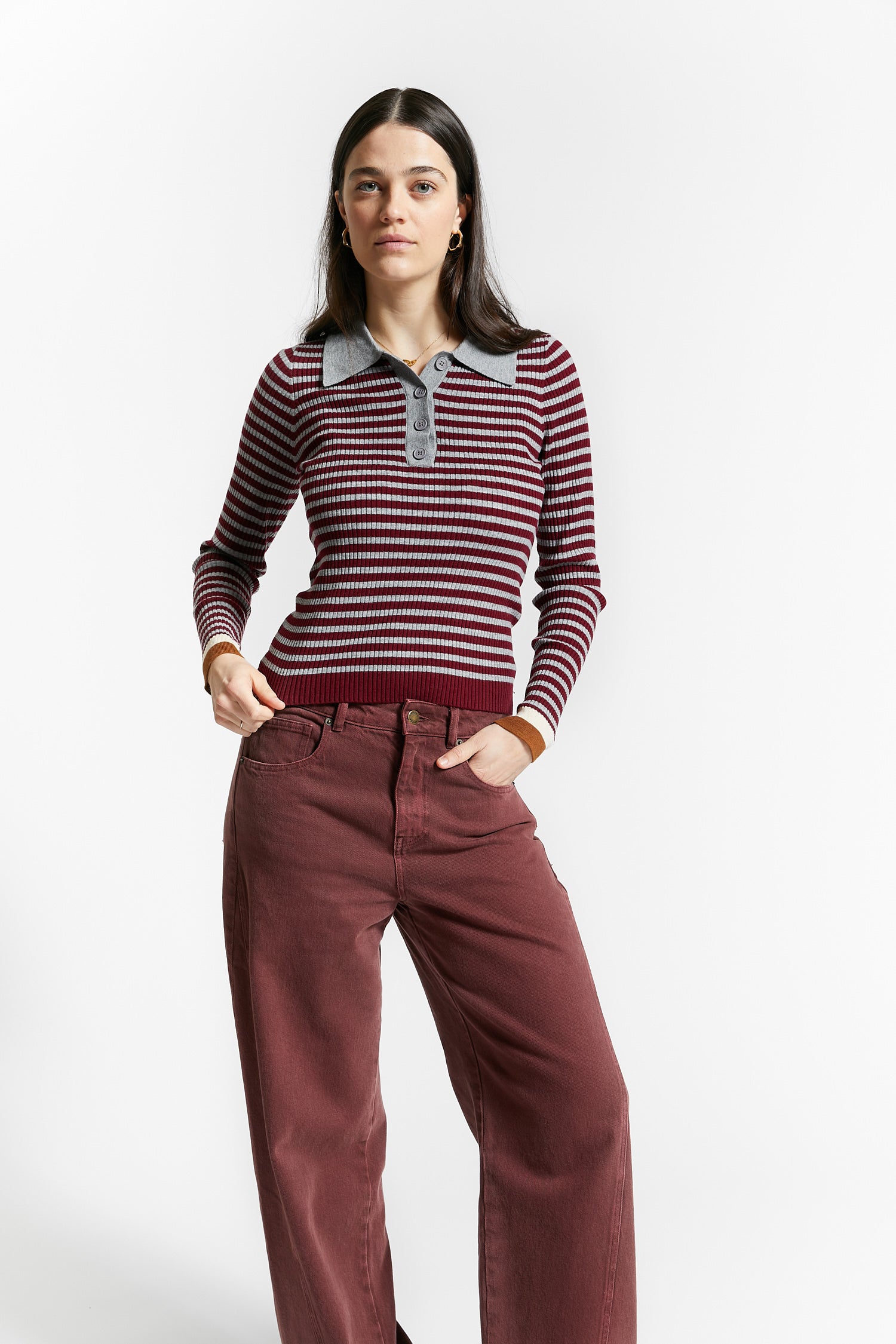 Indee - wallaby - fitted stripe polo pullover - merlot red