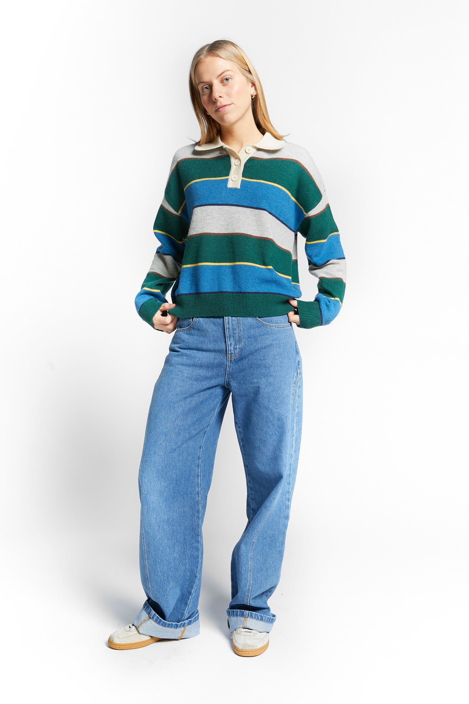 Indee - wishes - multicolor stripe polo pullover - green
