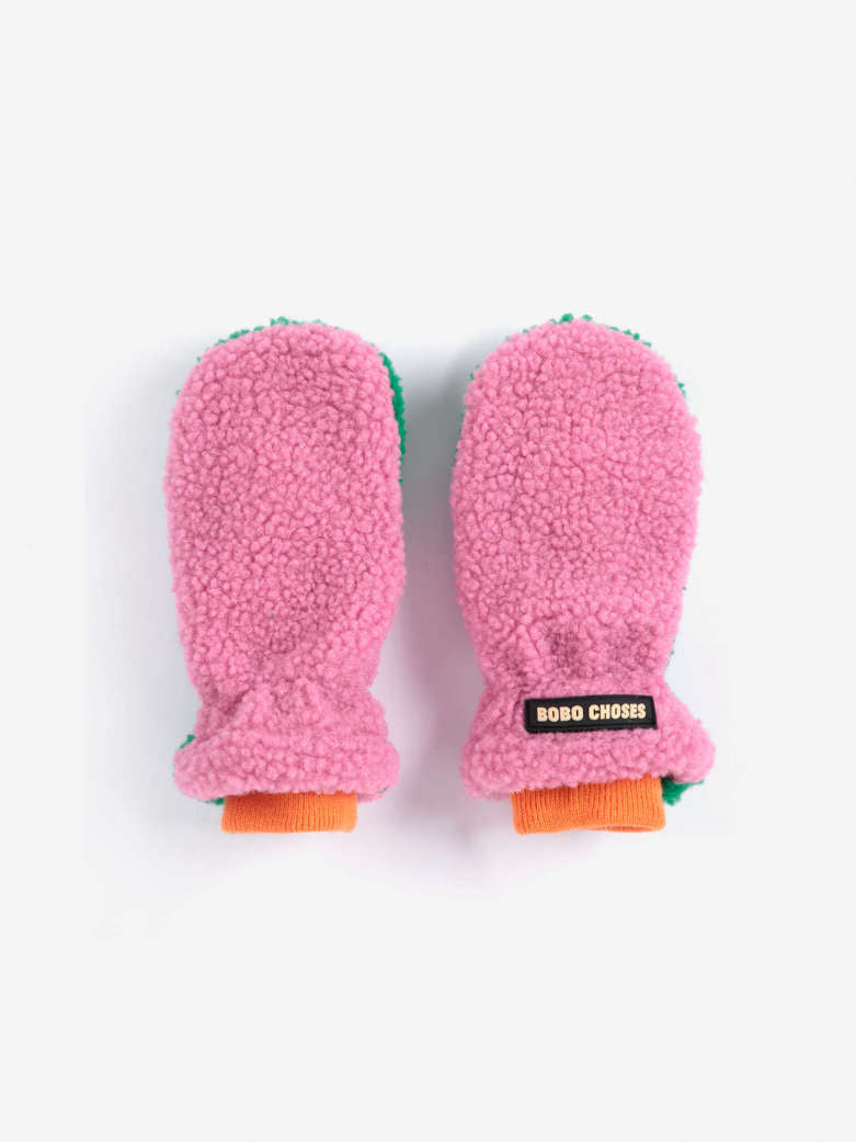 Bobo Choses - kids - color block sheepskin mittens - pink/green