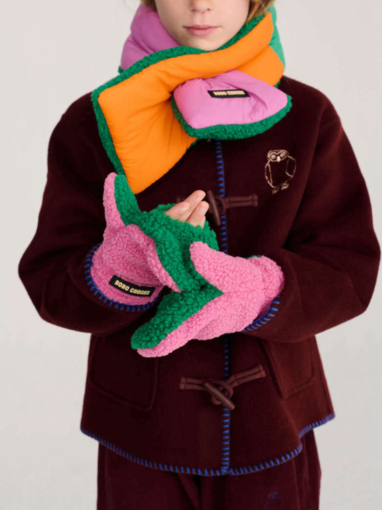 Bobo Choses - kids - color block sheepskin mittens - pink/green